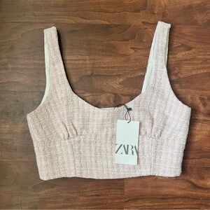 ZARA Women’s Pink/White Tweed Cropped Tank Top Size M NWT